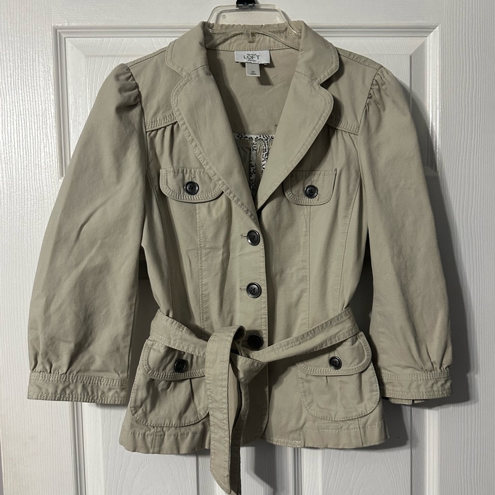 Loft Petites Khaki Button Front Belted Jacket